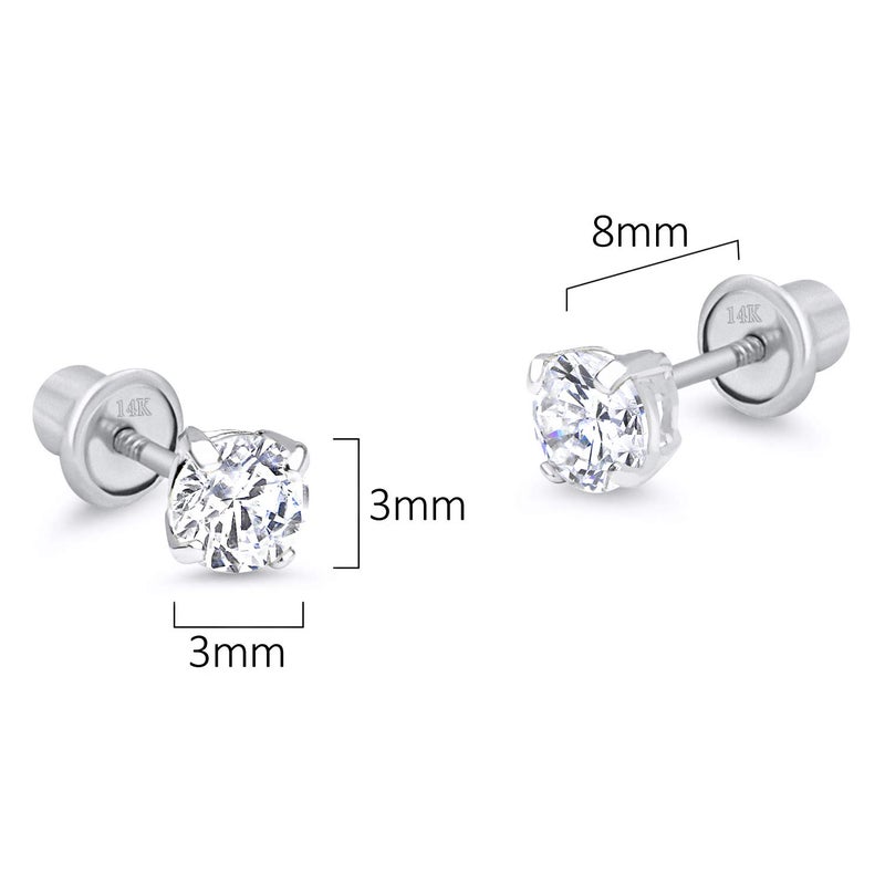 Lovearing 14k White Gold 3mm Basket Round Solitaire Cubic Zirconia Children Screw Back Baby Girls Earrings - Image 2